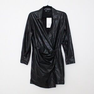 Zara Faux Leather Long Sleeve Wrap Dress